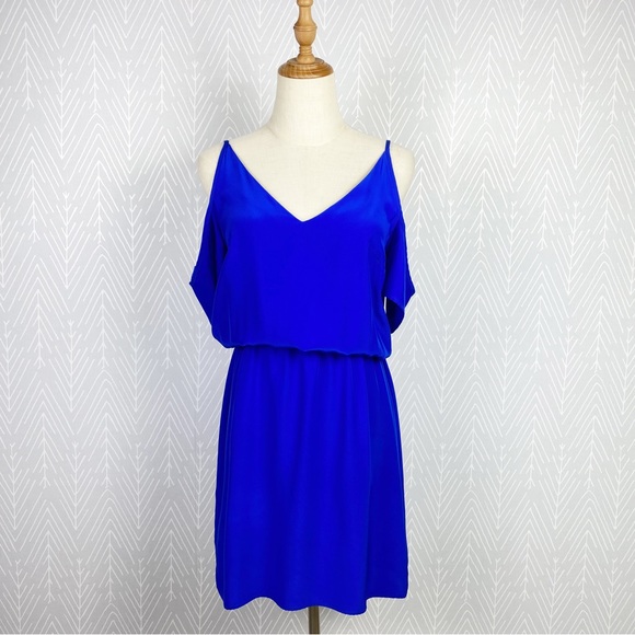 AMANDA UPRICHARD Royal Blue 100% Silk Cold Shoulder Dress - Picture 2 of 8